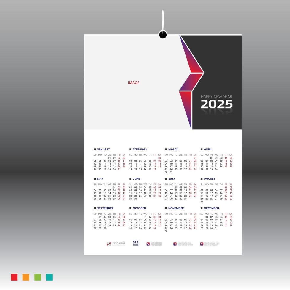 4 colored 12 month 2025 wall calendar vector