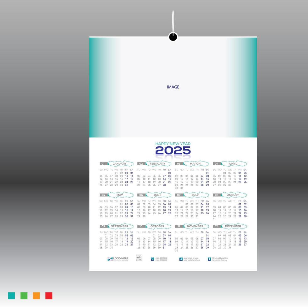 4 colored 12 month 2025 wall calendar or any kind of use vector