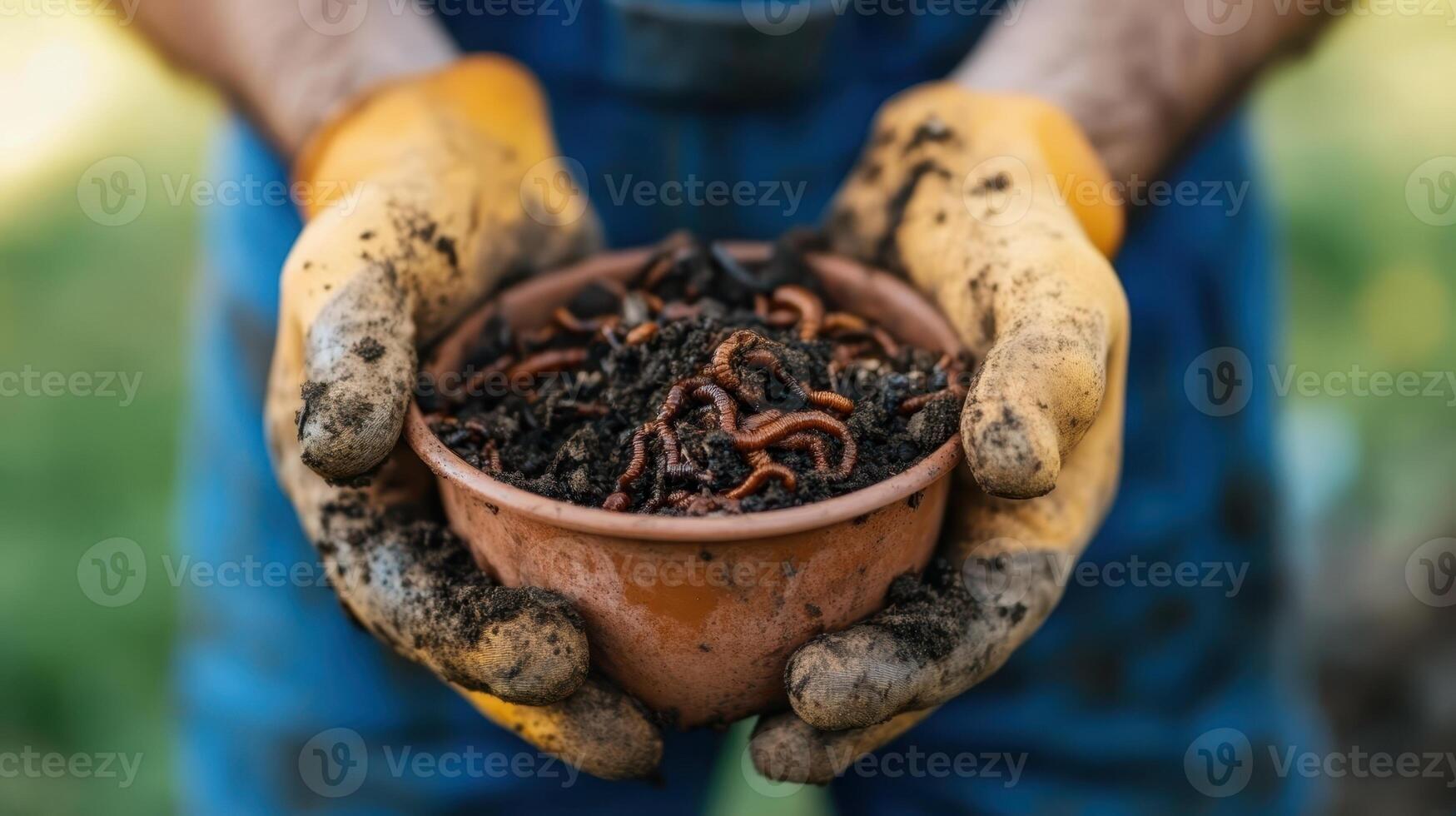 Close-up of hands presenting wooden bowl full of compost worms, essential for soil health and recycling photo