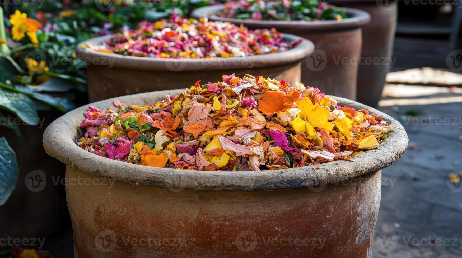 Rows of clay pots filled with composting food waste, enhancing soil fertility through decomposition photo