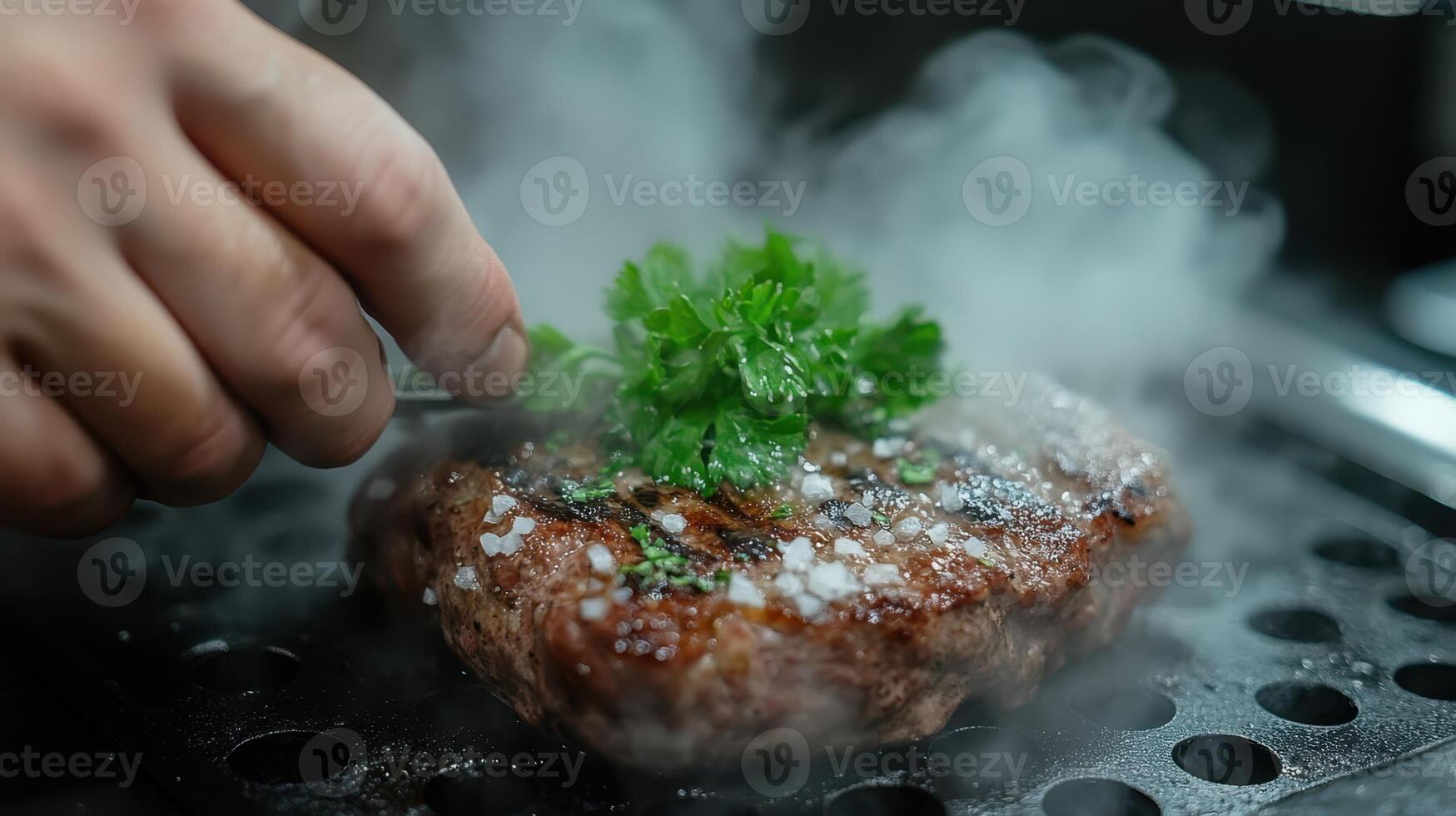 Cook placing fresh green herbs on top of juicy grilled steak. photo