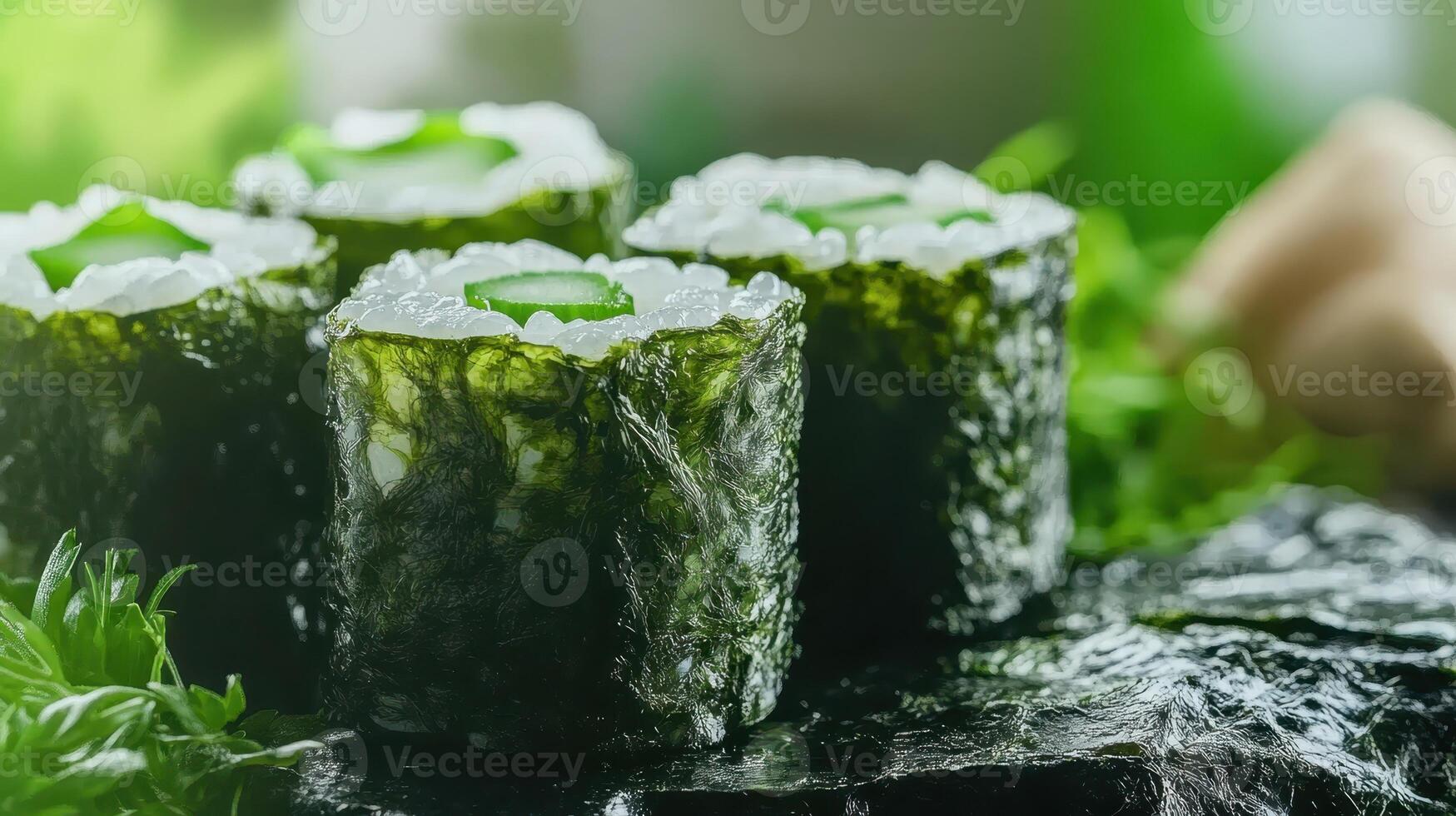 Healthy green sushi rolls made of seaweed, arranged on natural stone surface, with lush greenery in background photo