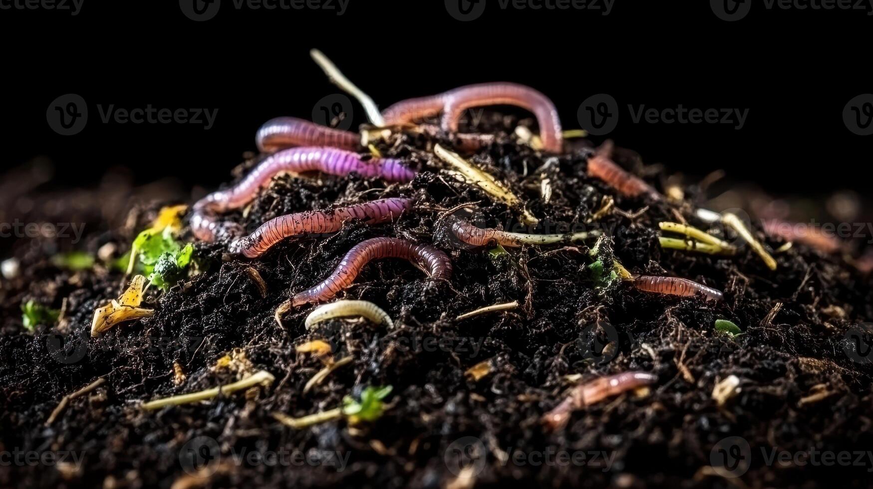 A heap of red worms on nutrient-rich compost, decomposing organic matter in natural surroundings photo
