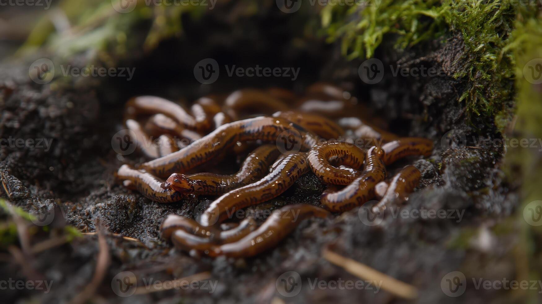 Earthworms burrowing through moist soil, enhancing soil fertility and decomposition process photo