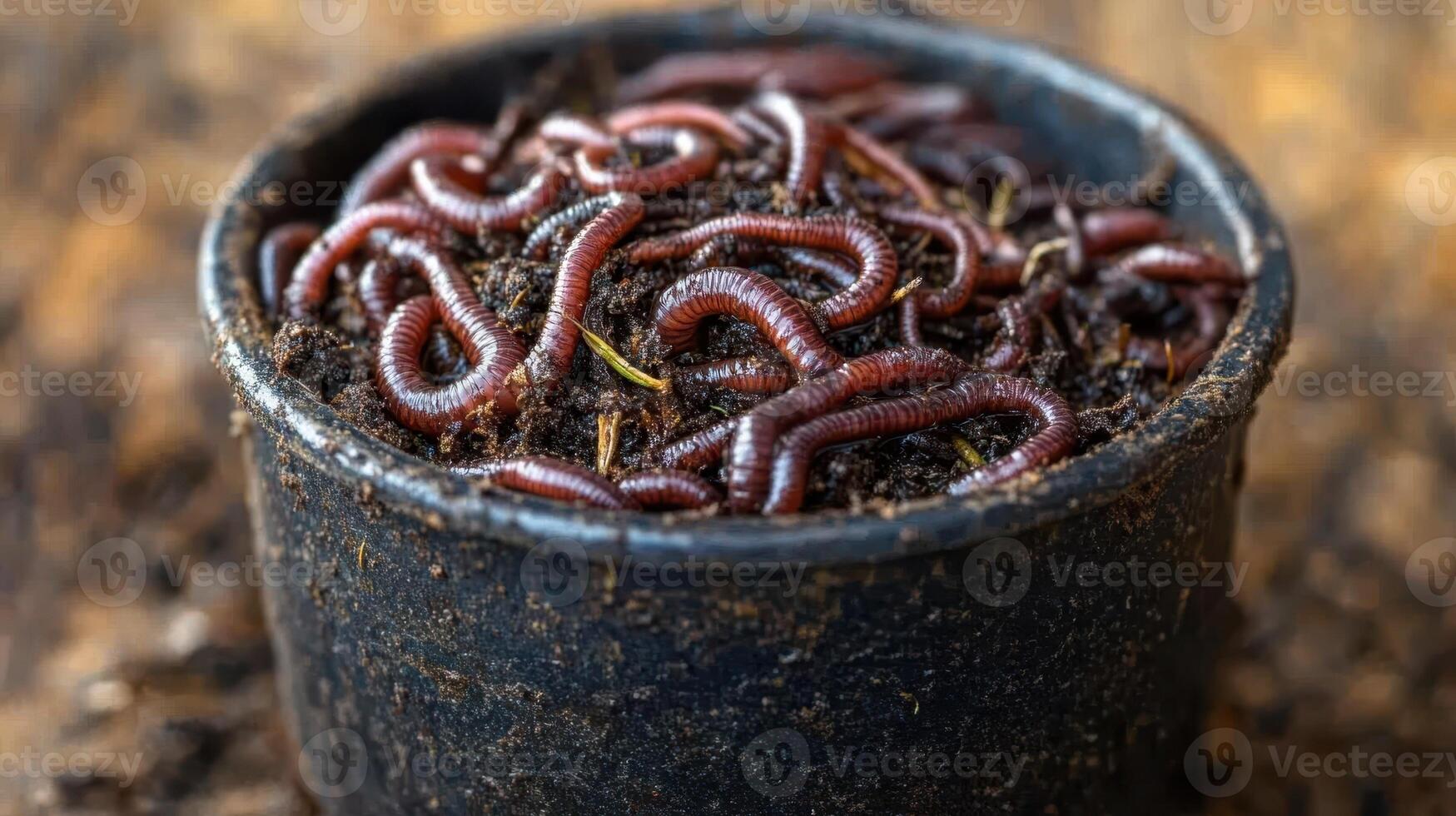 Close-up of bucket filled with healthy composting worms used for organic farming and soil enrichment. photo