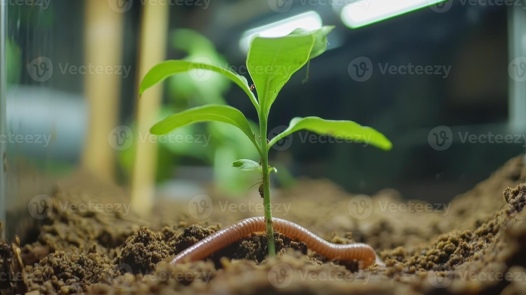 Close-up of seedling growing in dark soil under warm sunlight, symbolizing new beginnings and farming photo