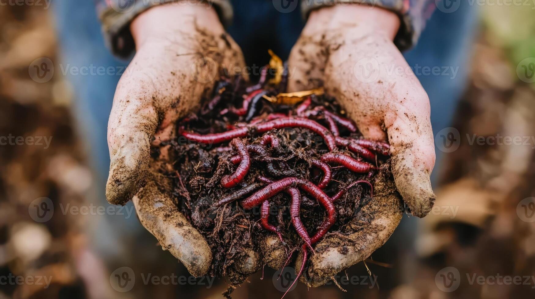 Close-up of hands holding bunch of earthworms in compost, contributing to natural soil enrichment photo