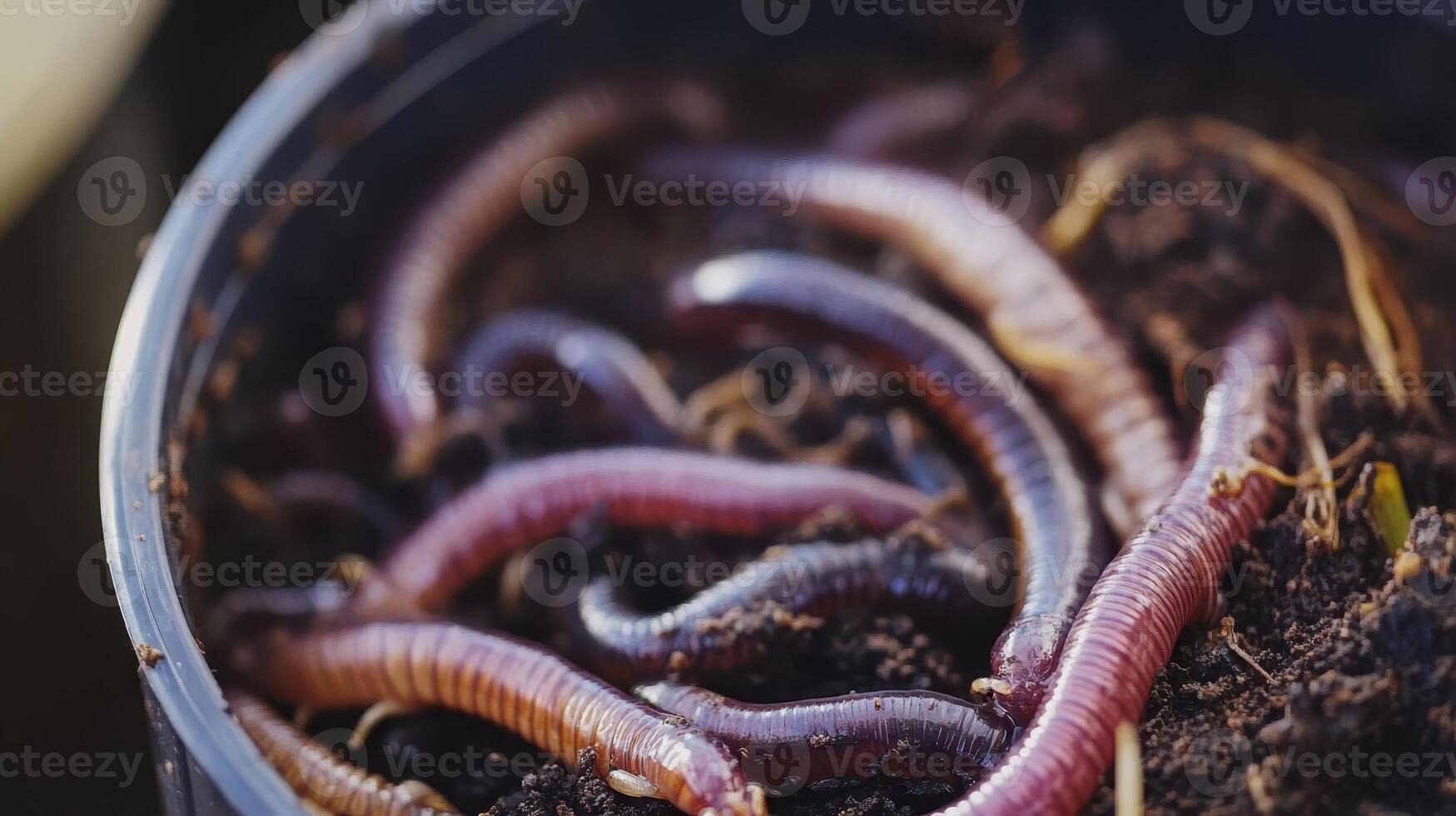 Close-up of earthworms in nutrient-rich compost soil for natural fertilization in gardening photo