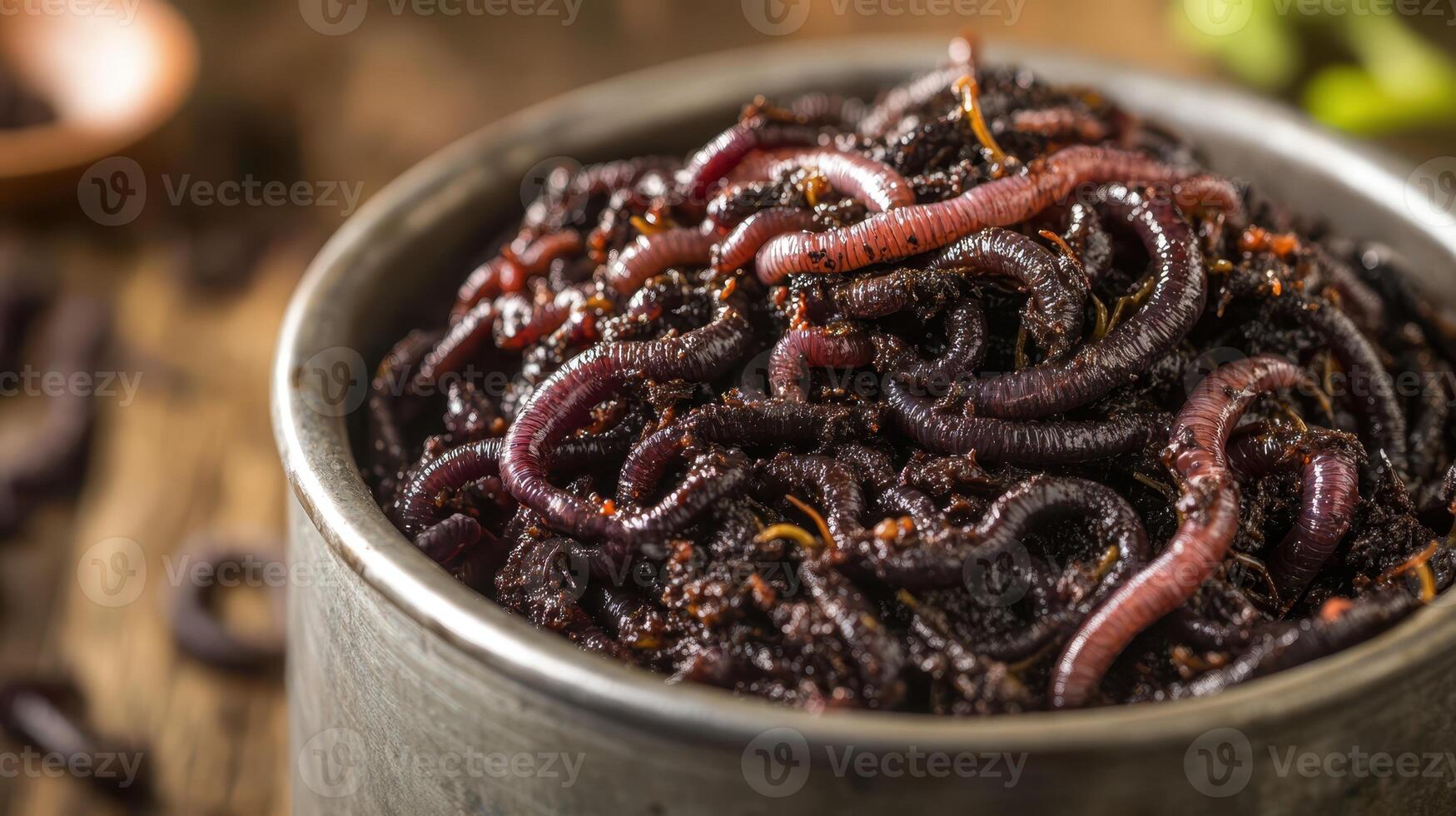 Close-up of red worms in compost bin for organic waste recycling and vermicomposting process photo