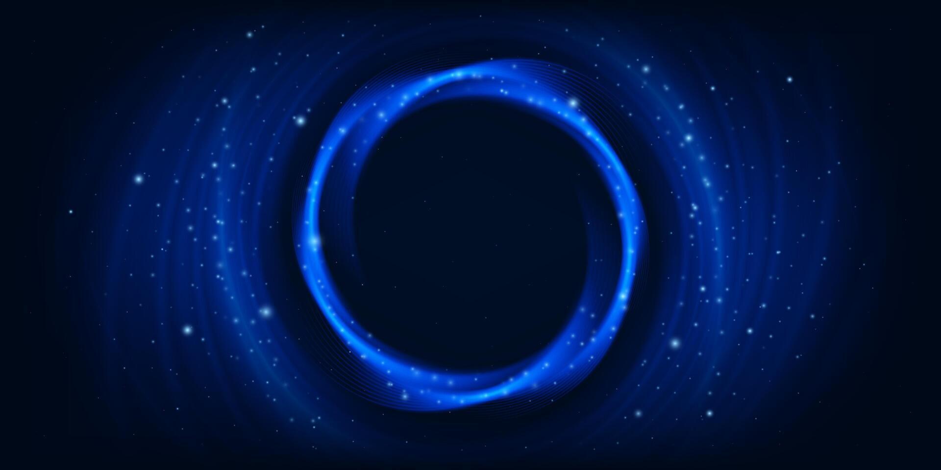 Glowing blue circular light effect dark starry background, swirl spiral glitter presentation banner vector