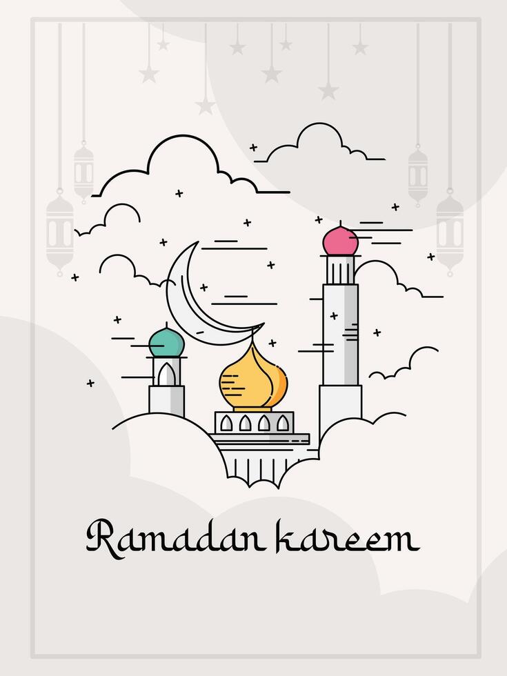 ramadan kareem greeting card with mosque and crescent vector