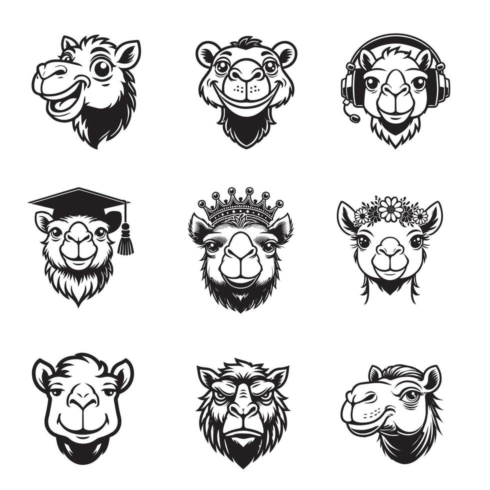 Black and White Camel Head Clipart Collection vector