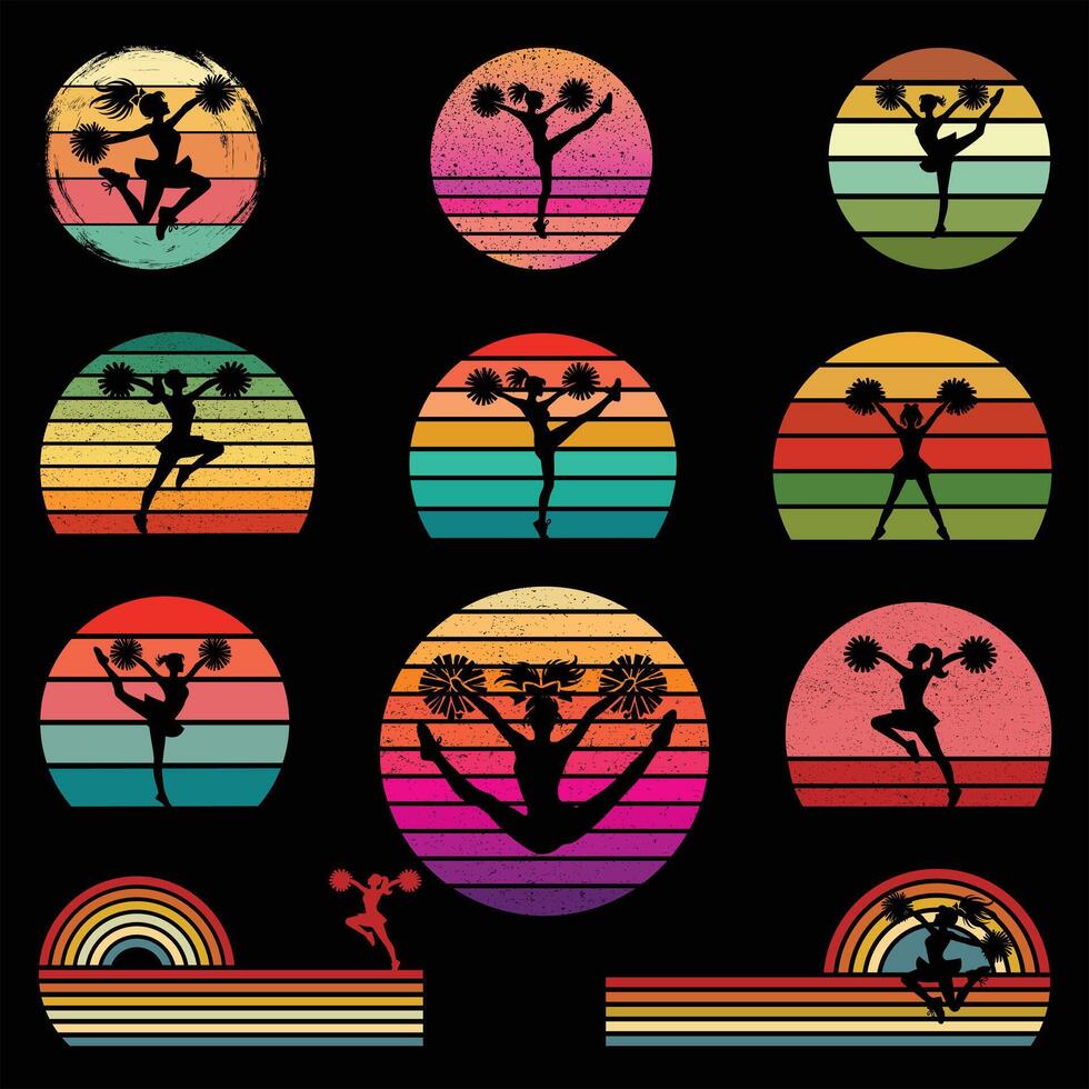 Vintage Cheerleading Silhouette and Retro Sunset Illustration Bundle vector