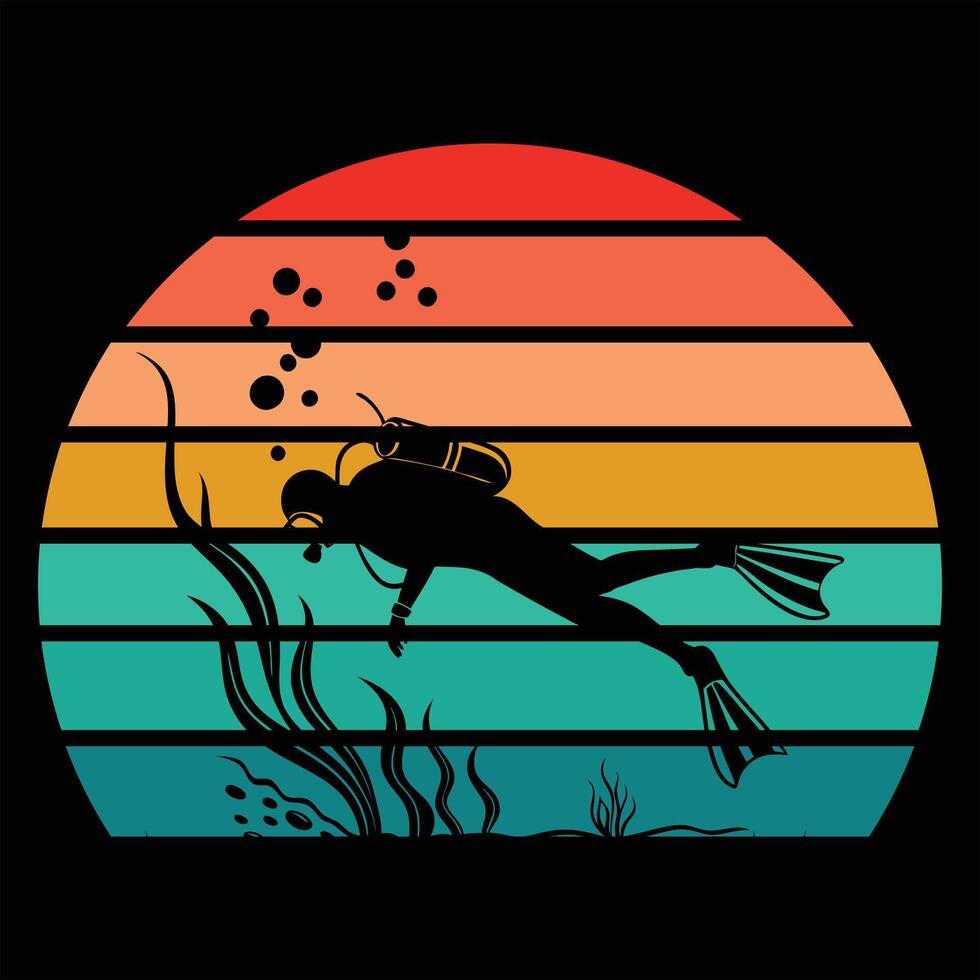 Vintage Sunset Scuba Diver Silhouette in Art vector