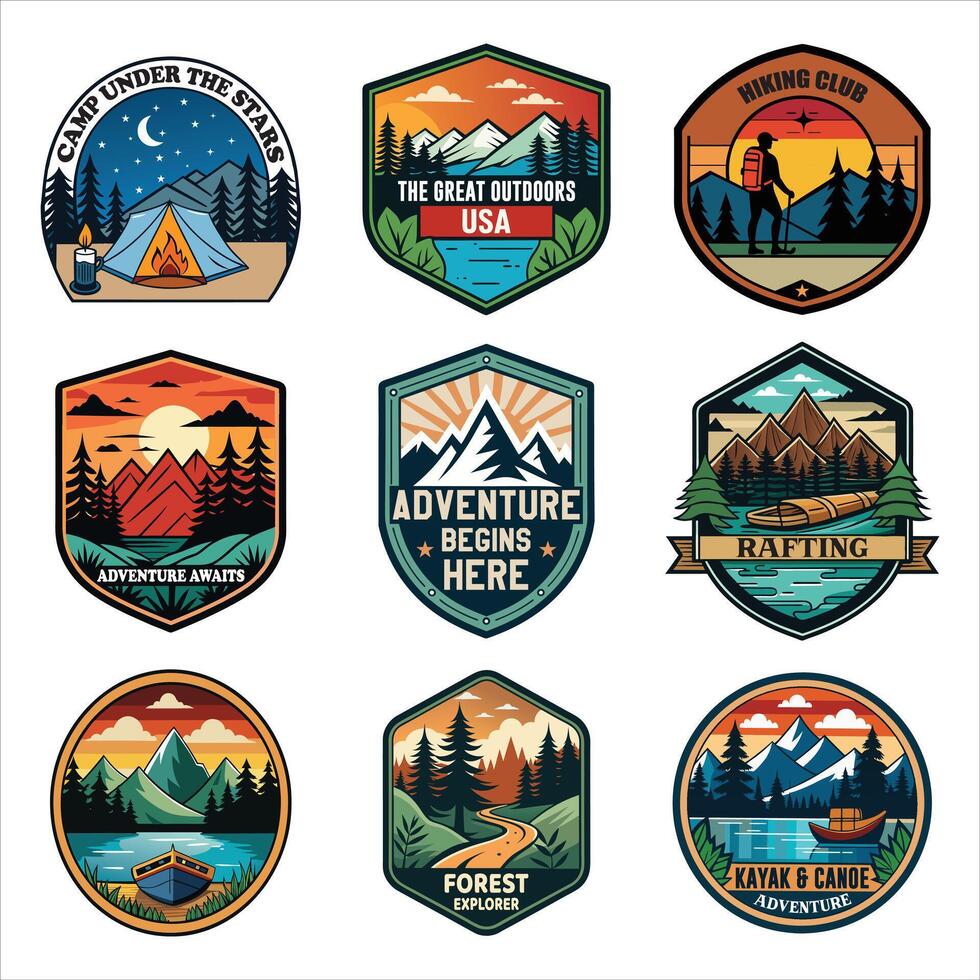 Beautiful Summer Camp Patch Badge Illustration Featuring Forest and Campsite vector