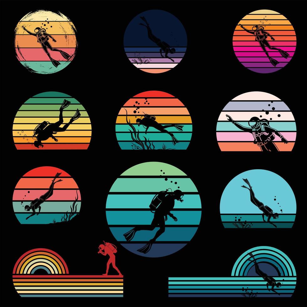 Retro Sunset with Scuba Diving Silhouette Bundle vector