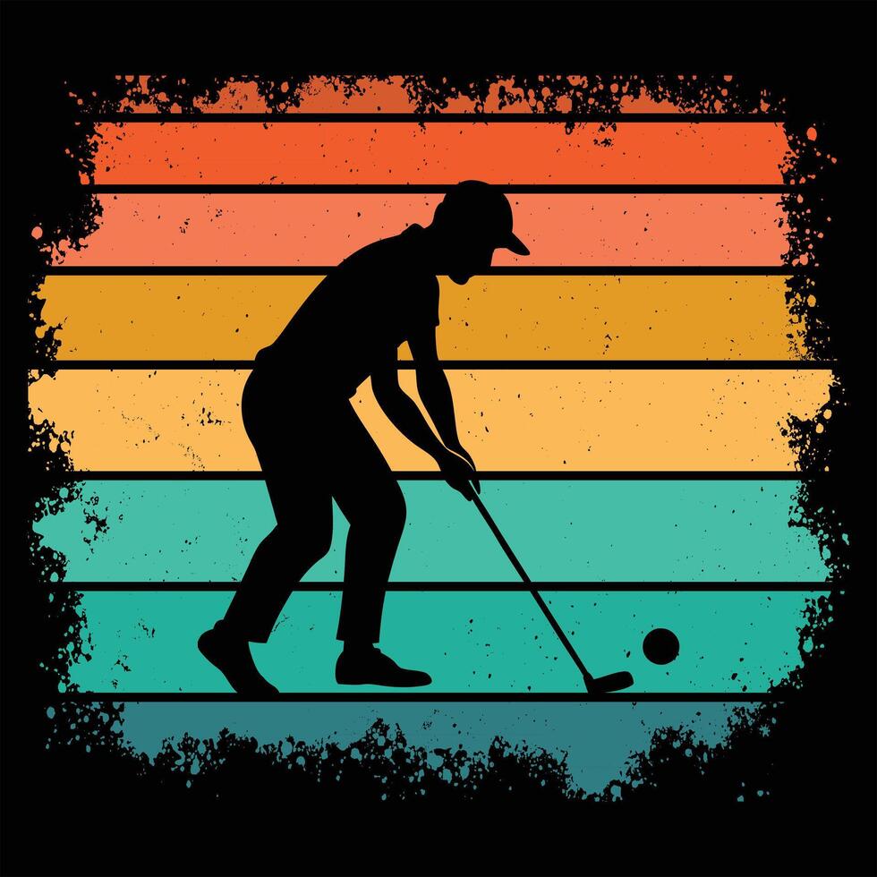 Golf Silhouette with Retro Sunset and Player Design vector