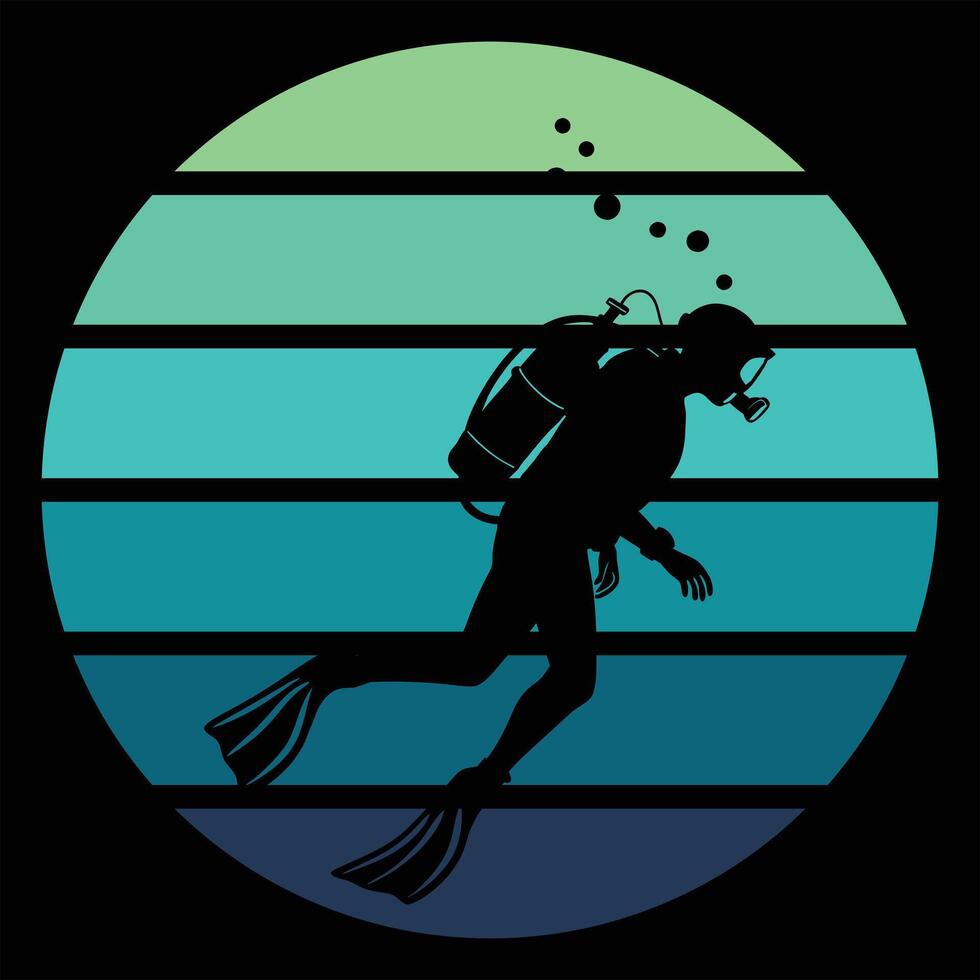 Scuba Diver Silhouette on Retro Sunset Background vector
