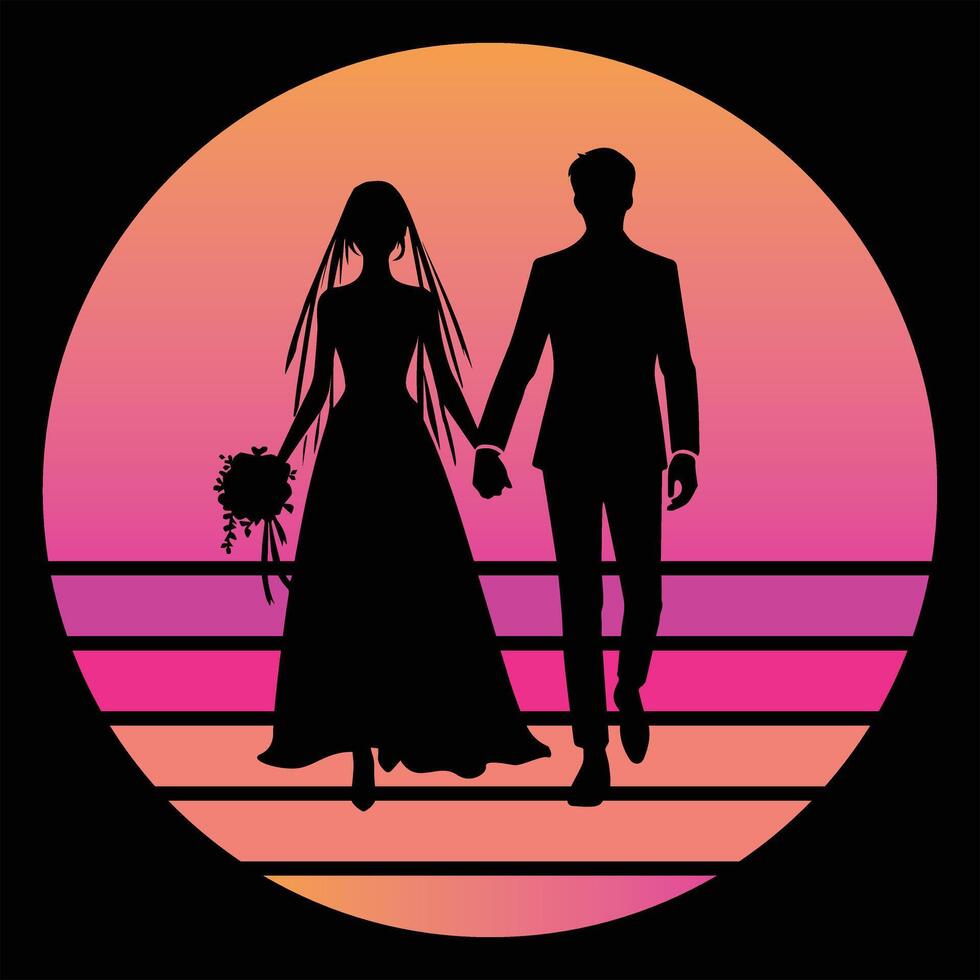 Silhouette of Romantic Couple with Retro Sunset vector