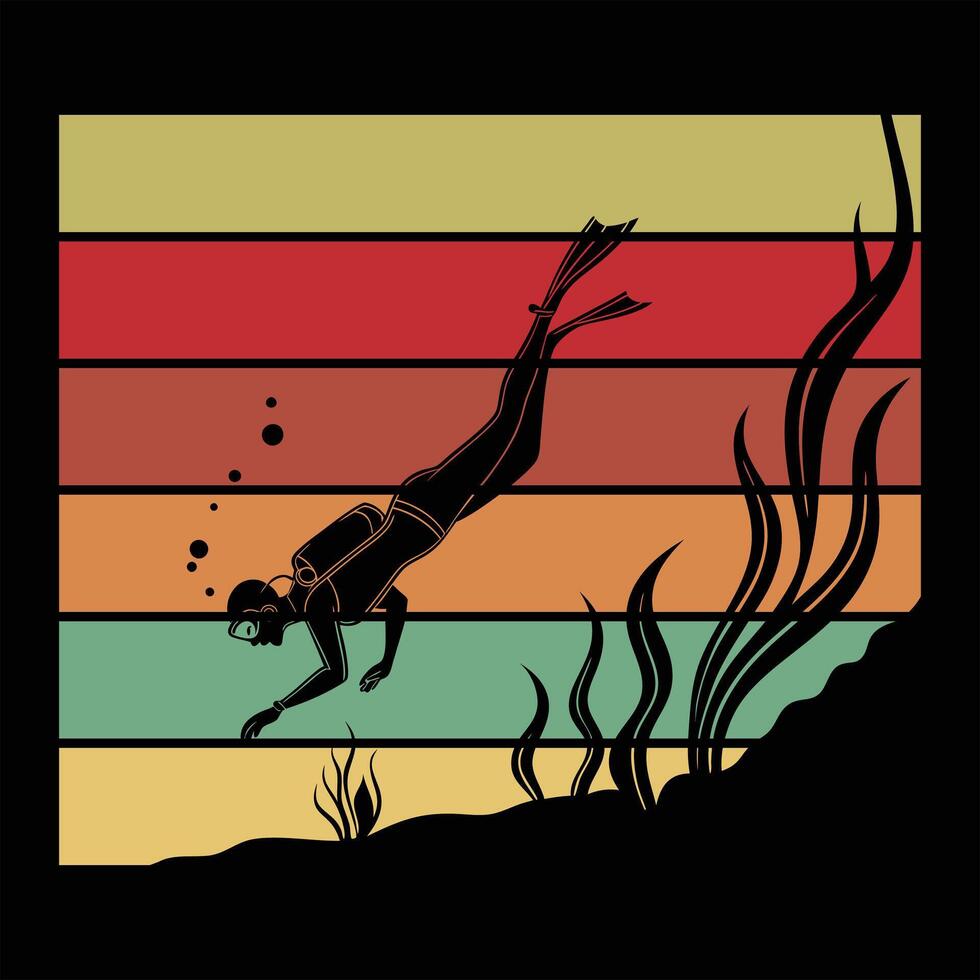 Scuba Diving Silhouette with Sunset Retro Art vector
