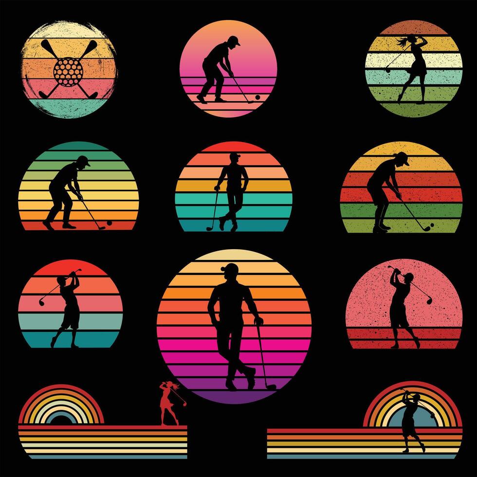 Set of Golf Player Silhouette Against Vintage Sunset vector