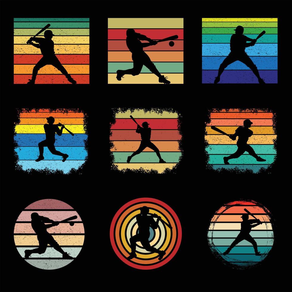 Set of Baseball Silhouette with Retro Sunset Illustration vector
