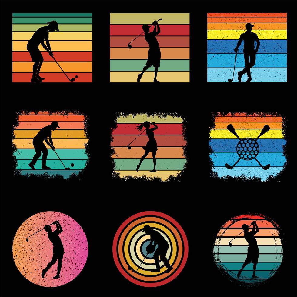 Collection of Golf Silhouette with Retro Sunset Illustration vector