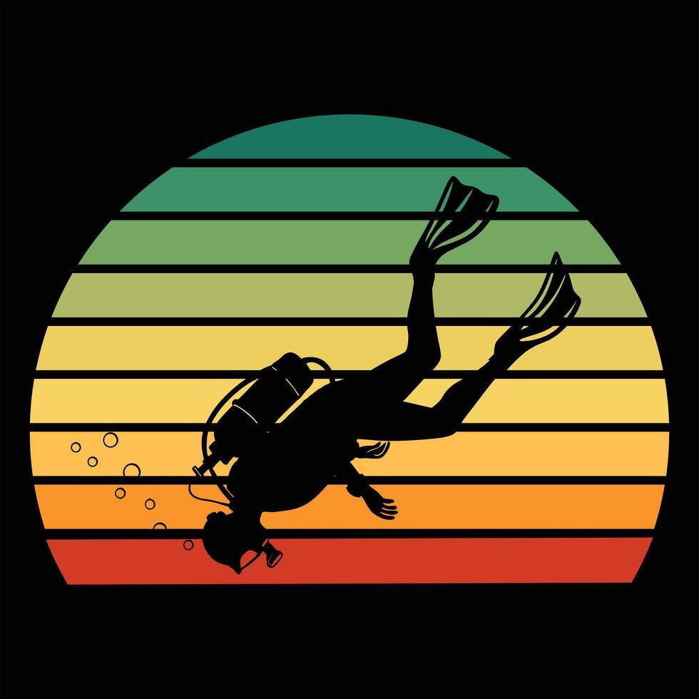 Scuba Diver in Silhouette with Vintage Sunset Background vector