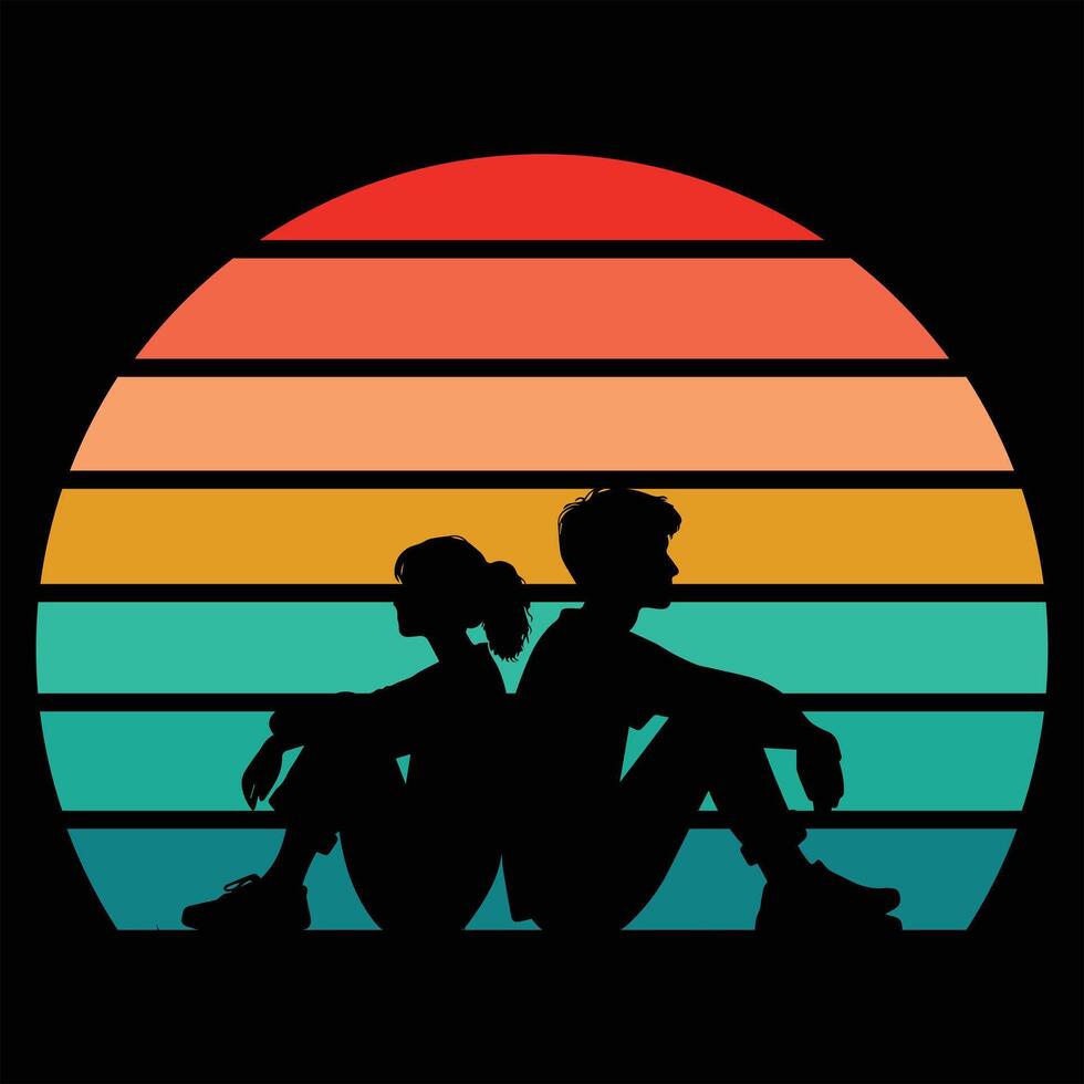 Retro Sunset with Couple Silhouette in Art vector