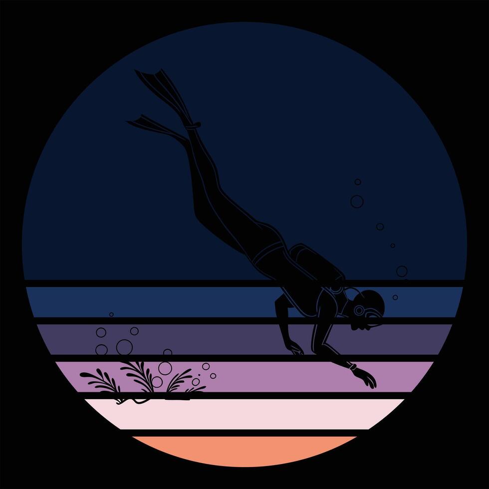 Retro Scuba Diving Scene with Sunset Illustration vector