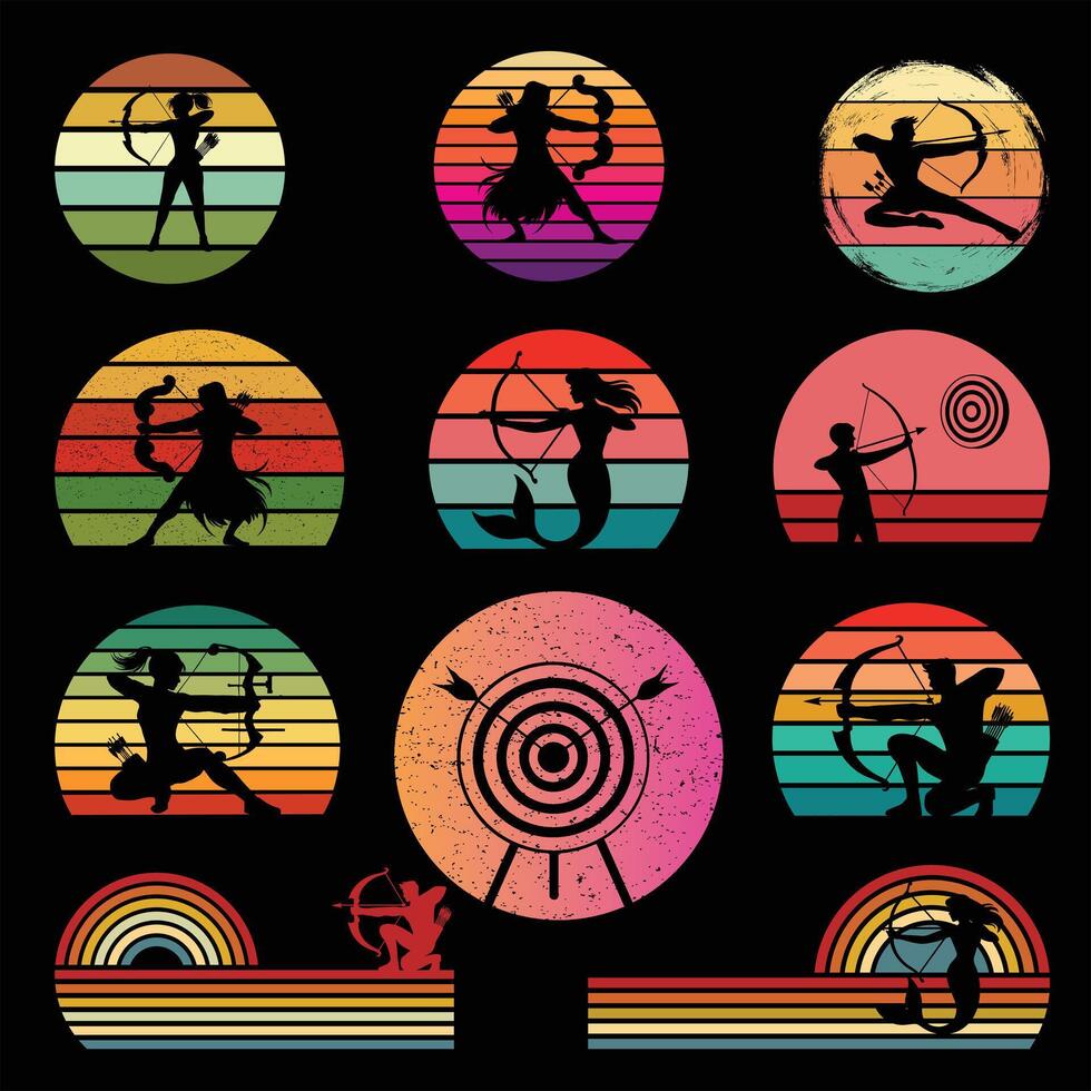 Collection of Archery Silhouette with Retro Sunset and Archer vector