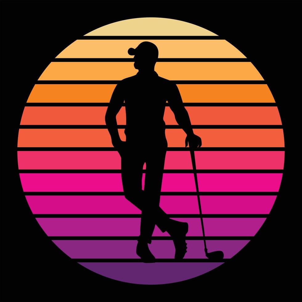 Golf Player in Silhouette with Vintage Sunset vector