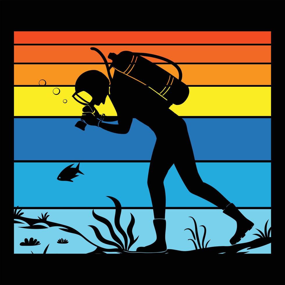 Scuba Diving Silhouette in Vintage Sunset Scene vector