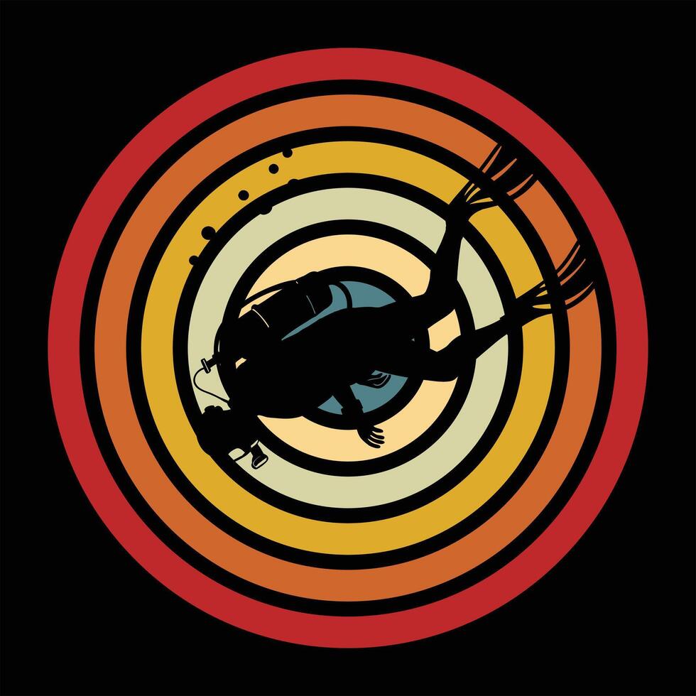 Retro Scuba Diving Silhouette with Sunset Background vector