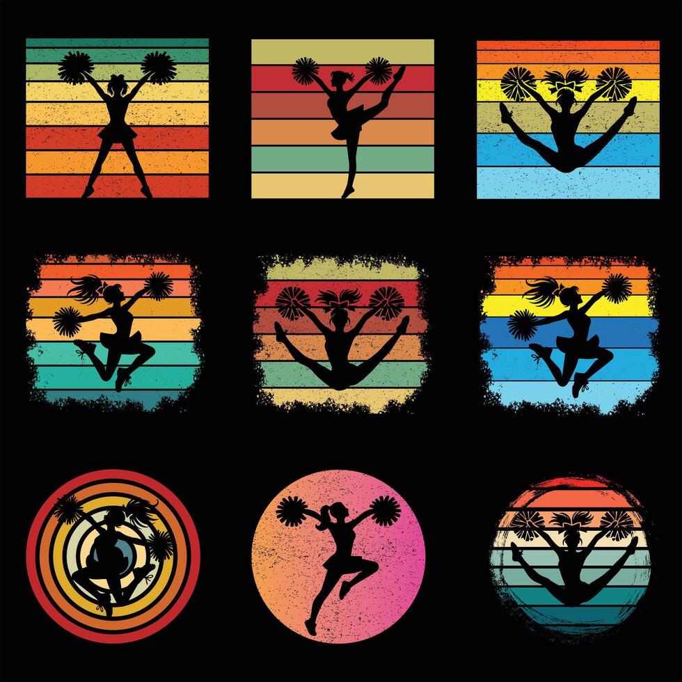 Set of Cheerleading Silhouette with Retro Sunset and Cheer Sport vector