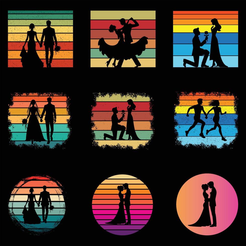 Set of Retro Sunset Couple Silhouette in Vintage Style vector