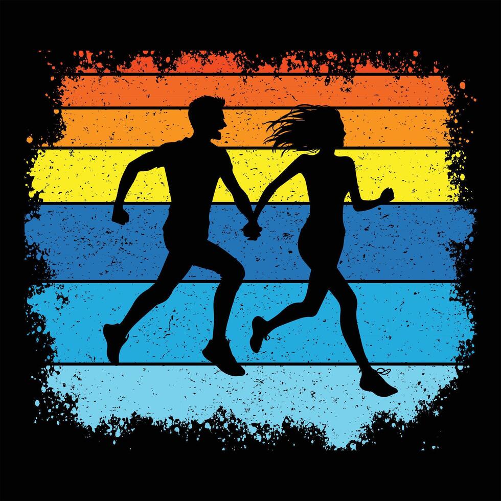 Romantic Couple in Silhouette with Retro Sunset Scene vector