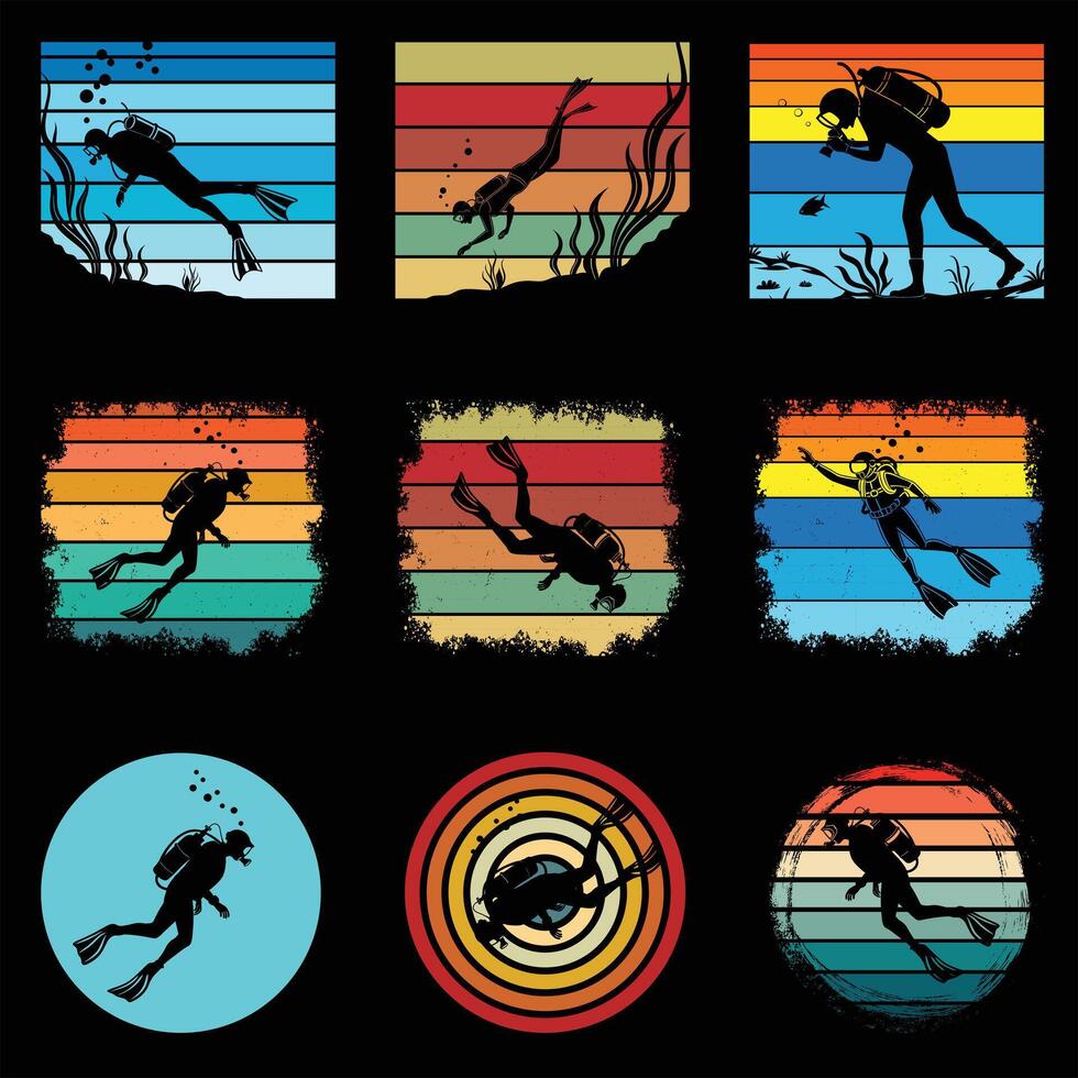Collection of Scuba Diving Silhouette with Retro Sunset Illustration vector