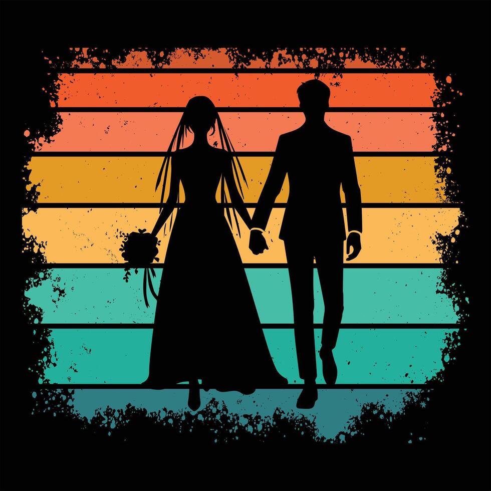 Romantic Couple Silhouette at Sunset in Retro Style vector