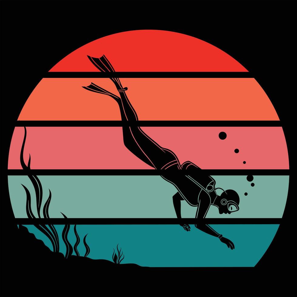 Scuba Diver Silhouette with Sunset Retro Background Art vector