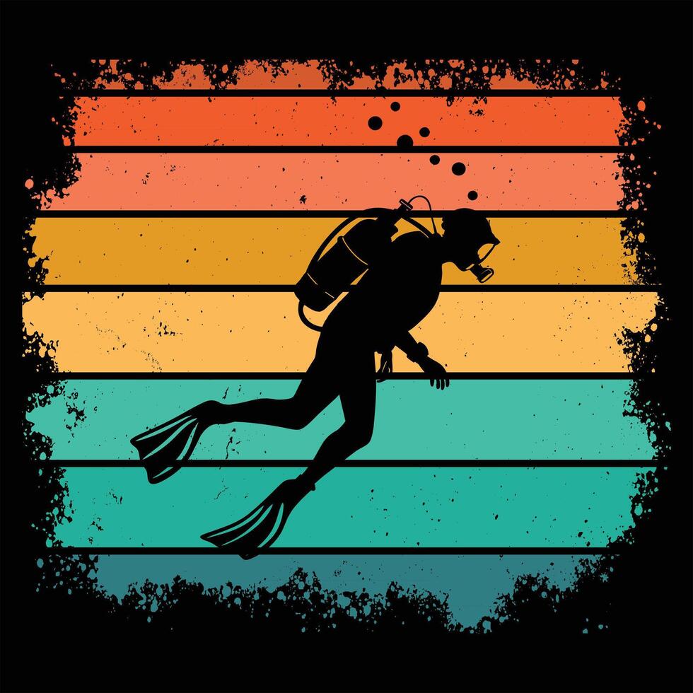 Scuba Diving Silhouette at Sunset in Retro Style vector