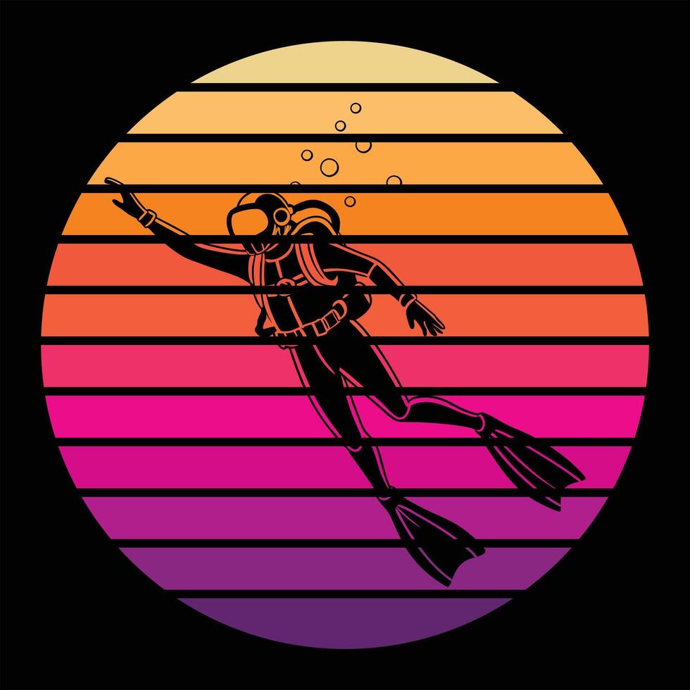Retro Sunset with Scuba Diver Silhouette Design vector