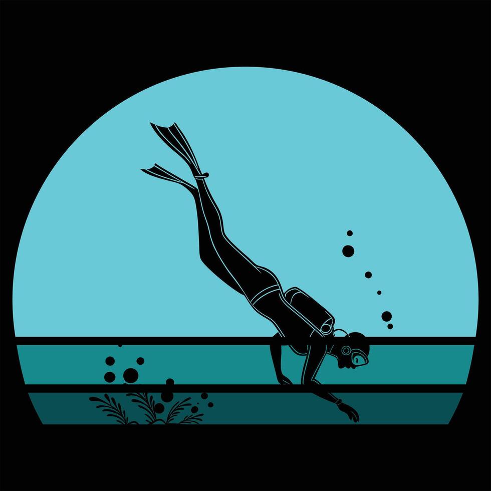 Retro Sunset Scuba Diver Silhouette in Design vector