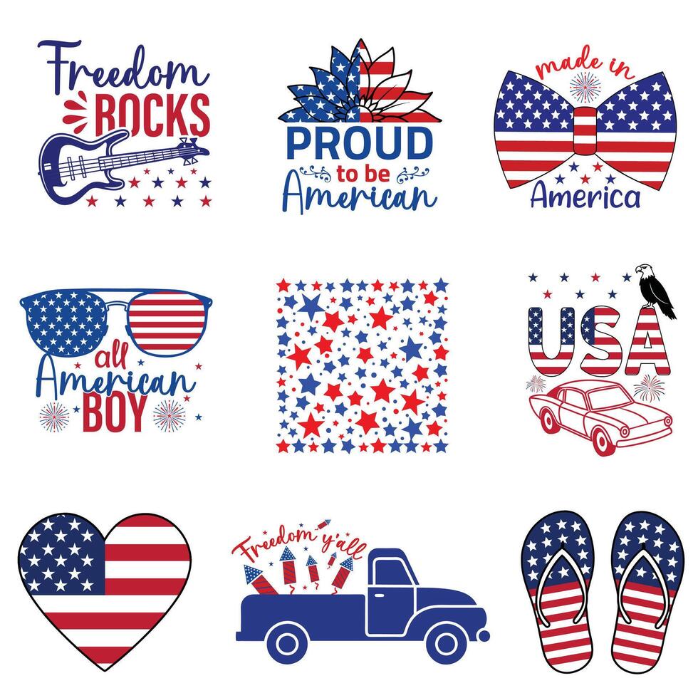 All American USA Independence Day Typography T-shirt Design for 4th of July Bundle vector