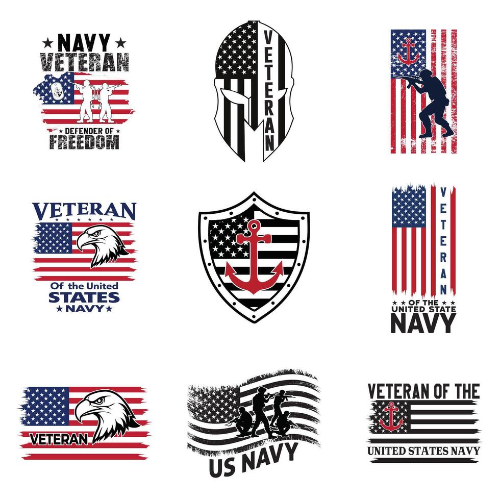 Set of US Navy T-shirt Design Featuring Classic Naval Clipart Illustration vector