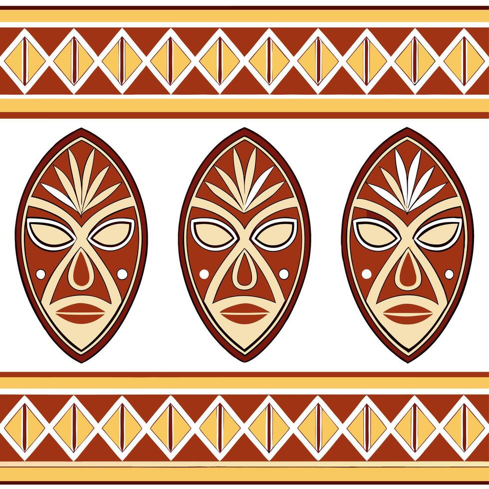 African tribal borders and masks seamless tile pattern with earthy tones and bold patterns for cultural decor concept as Earthy toned African tribal borders and bold mask patterns Dynamics vector