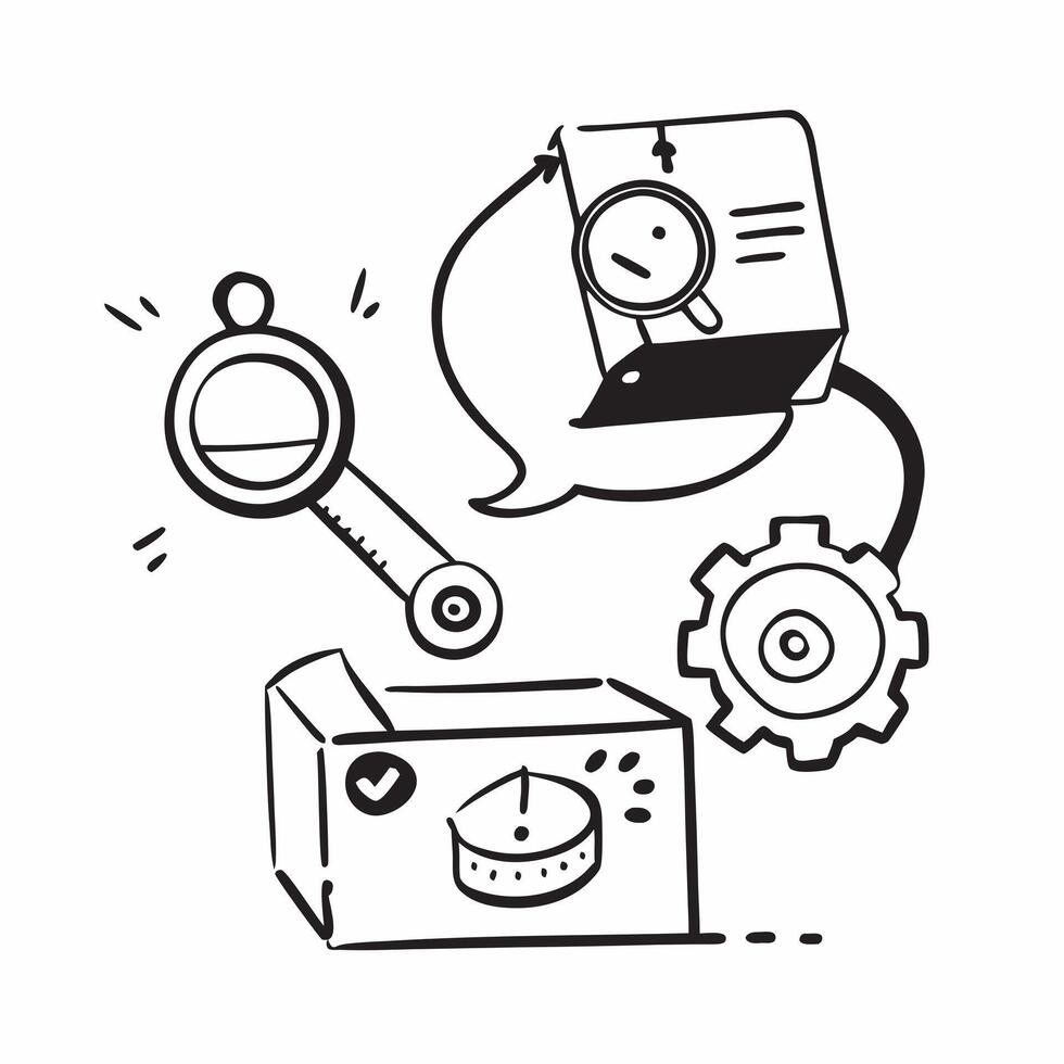 AI machine vision and product inspection concept as An AI machine vision icon paired with a product inspection icon representing the use of AI in visual inspection of manufactured Dynamics vector