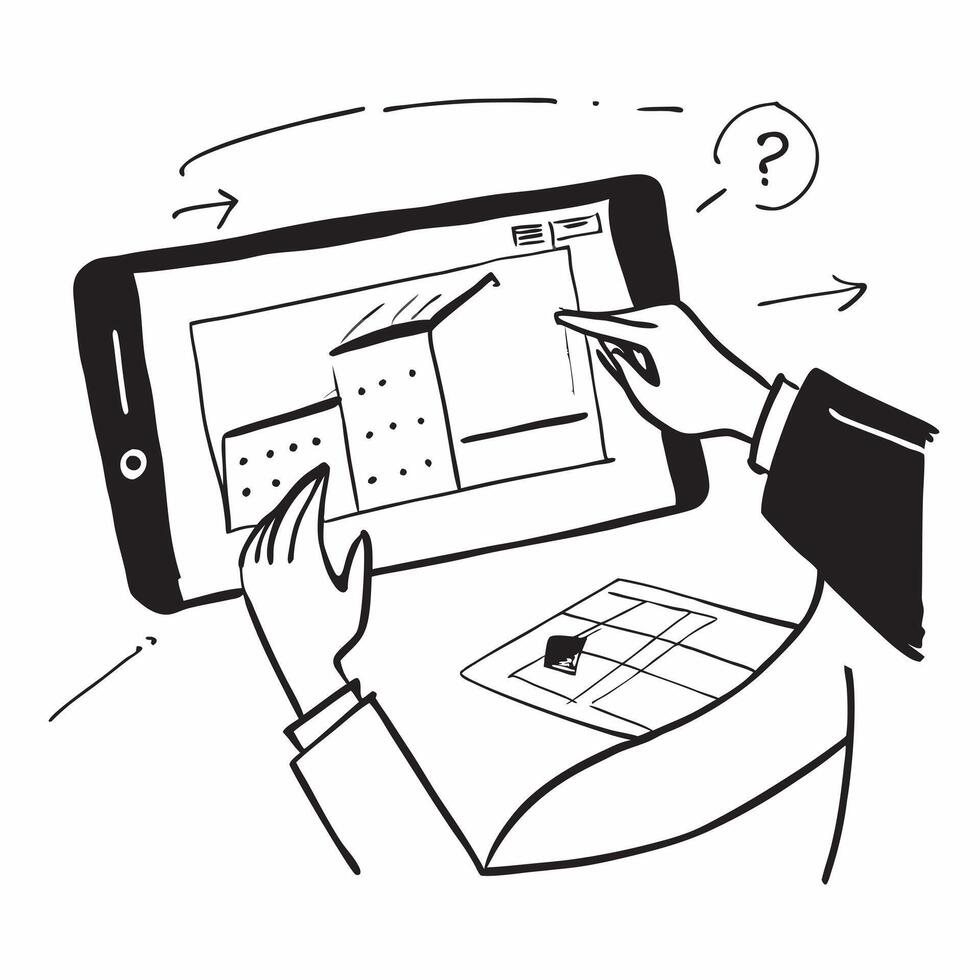 Architect reviewing blueprints on a glossy digital tablet concept as Camera movement Pan across the glossy digital tablet displaying blueprints Scene A modern architecture office Dynamics vector