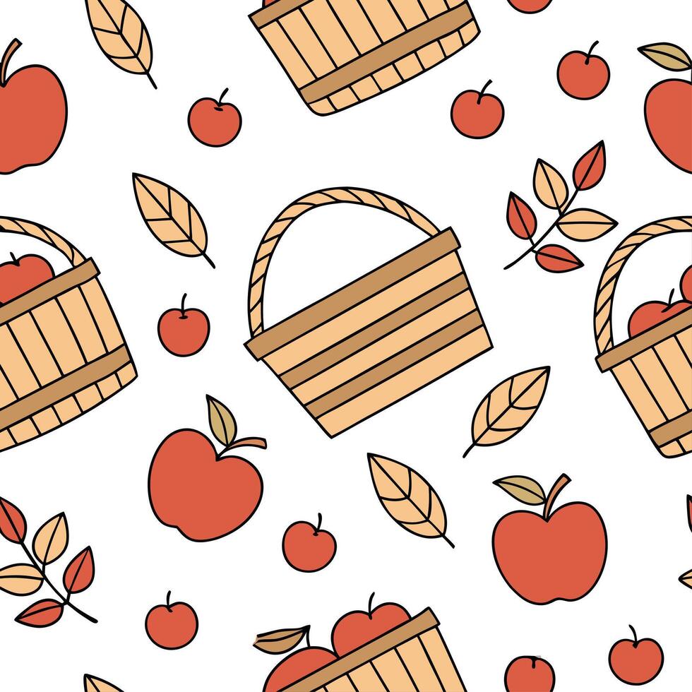 Autumn harvest seamless pattern with cider apples harvest baskets and wooden crates for a traditional farm look concept as Traditional autumn harvest pattern with cider apples bask Dynamics vector