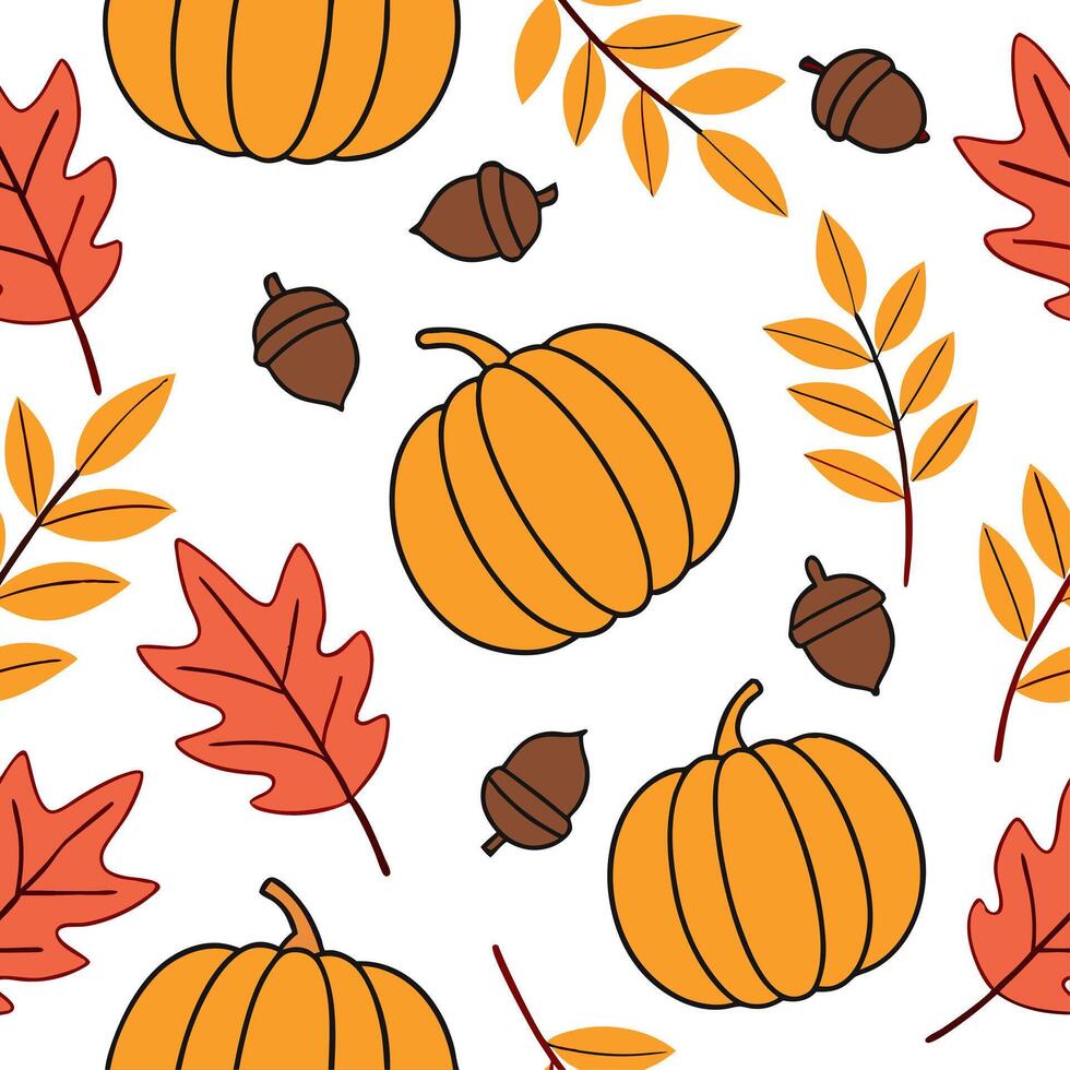 Autumn seamless pattern with pumpkins acorns and fall foliage for a harvest themed seasonal look concept as Harvest themed autumn pattern featuring pumpkins acorns and fall leaves Dynamics vector